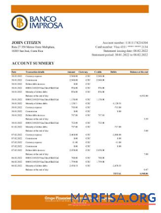 Blank Costa Rica Banco Improsa bank statement excel download for verification